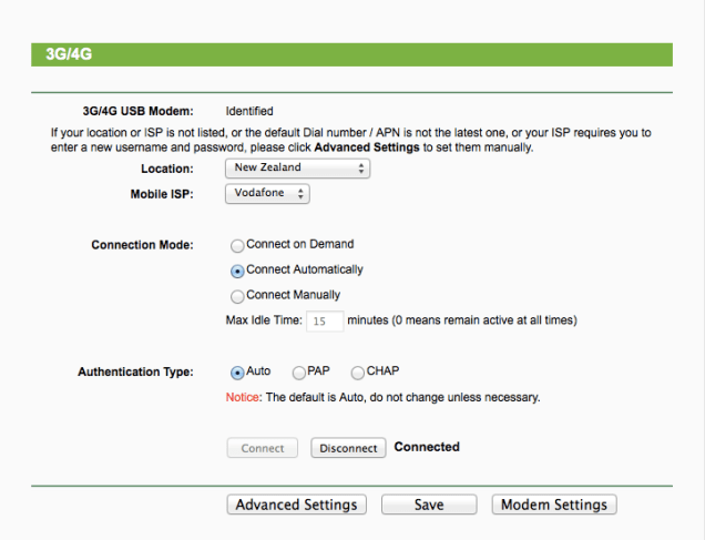 TP-Link 3G modem settings page