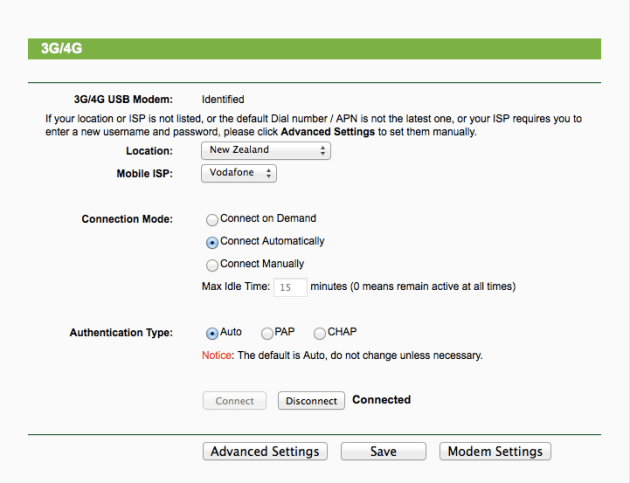 TP-Link 3G modem settings page